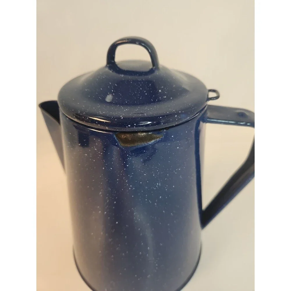 Enamel Coffee Pot Perculator 8 Cup Camp Coffee Pot Blue Speckled Enamel insert